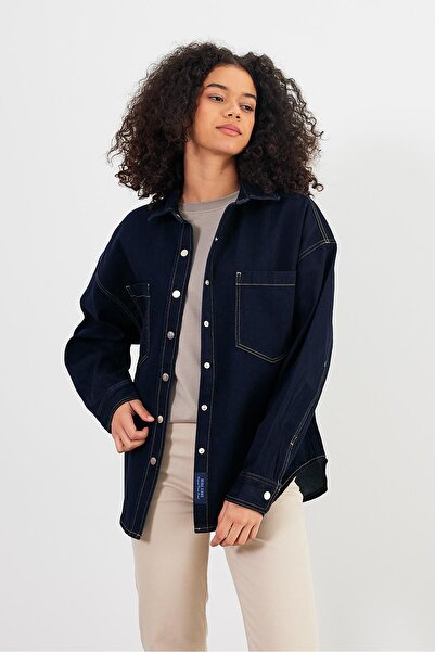 VENA Jachetă cămașă din denim Sementa Dark Blue Boyfriend Cut - Albastru închis