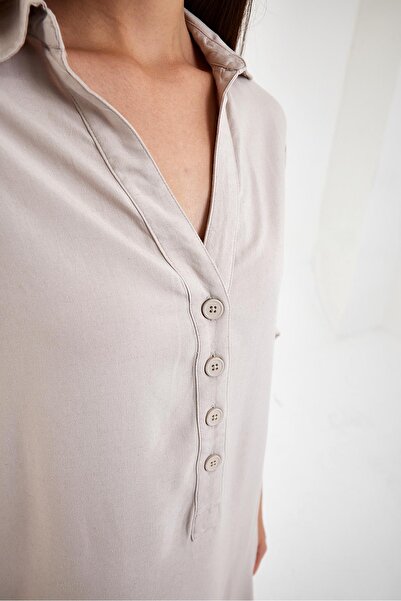 VENA Marissa Önü Düğmeli Kısa Kollu Keten Elbise-Taş