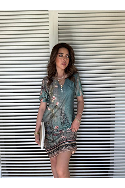 ARONA Mdb Women's Short Sleeve V-Neck Floral Printed Midi Single Jersey Dress