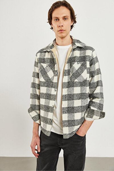 VENA Мъжка риза с подплата от флийс и тартан - черна