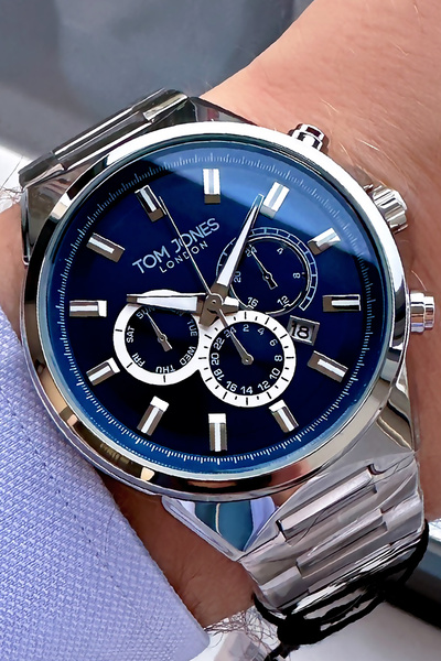 Tom Jones Men's Silver Color Calendar Wristwatch - 3 ATM Waterproof with Steel Cord and Bracelet Gift GTJE2057C2