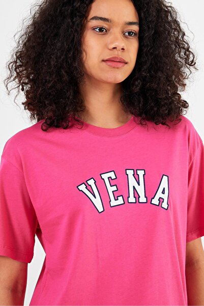 VENA Jeans Printed Crew Neck Regular Fit T-Shirt-Fuchsia
