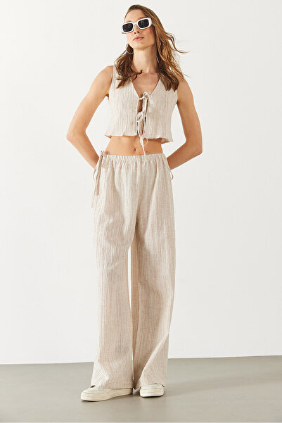 VENA Pantaloni cu talie elastică cu aspect de in - ECRU