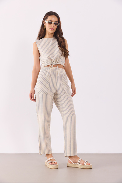 VENA Women's Elastic Waist Striped Baggy Trousers(Tencel)(Tm) - Dark Blue Striped