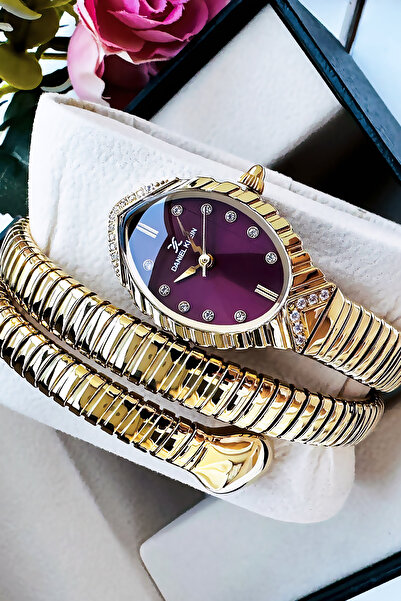 Daniel Klein Yılan Saat Model - Kadın Kol Saati, Su Geçirmez Gold Bordo Çelik Kordon - Bileklik Hediye GDKB2011C2