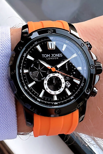 Tom Jones Takvimli Erkek Kol Saati 3 Atm Su Geçirmez Turuncu Silikon Kordon + Bileklik Hediyeli GTJE2056C4