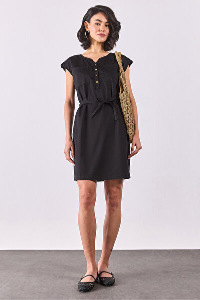 VENA Kadın Riva Önü Düğmeli Regular Fit Gabardin Elbise - Siyah