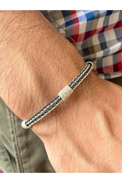 KAZZAZE Siyah Beyaz Gümüş Örgü Çift Sıra Tilki Kuyruğu Bileklik