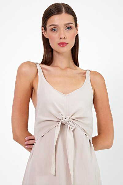 VENA Önden Bağlamalı Keten Elbise-Taş