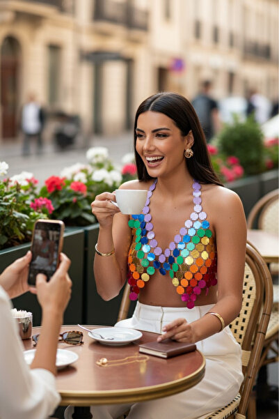 Trend aksesuar Renkli Pullu Büstiyer Crop