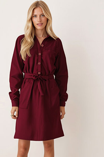 armonika Women's Burgundy Front Button Pocket Belted Velvet Dress Arm-25K 001085
