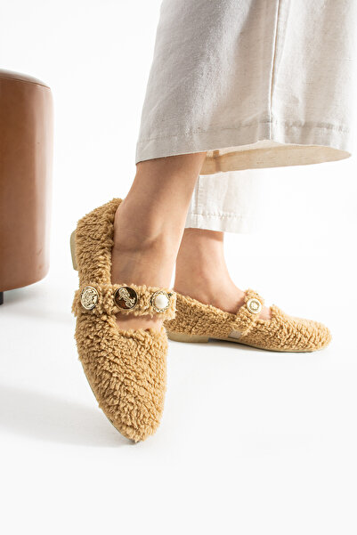 Moda Devrin Women's Mink Wool Buttoned Winter Ballerina Shoes for Home and Outdoor Use