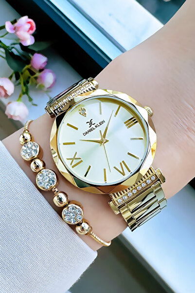 Daniel Klein Kesme Cam Kadın Kol Saati 3 Atm Su Geçirmez Gold Renk Çelik Kordon Bileklik Hediyeli DKBH5201