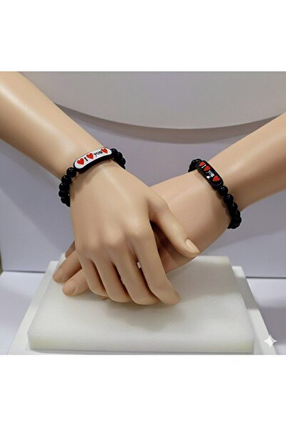 Shiklik مجموعة من سوارين للنساء مصنوعة من اللؤلؤ الأسود مع نقش 'أحبك'