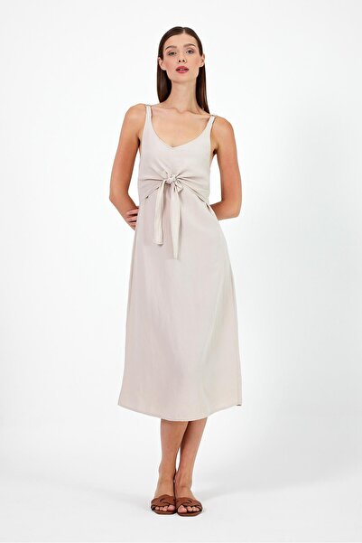 VENA Önden Bağlamalı Keten Elbise-Taş