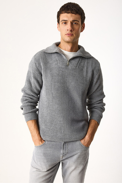 VENA Regular Fit Dik Yaka Yarım Fermuarlı Triko Kazak-Antrasit