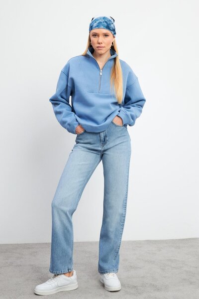 VENA Hanorac din bumbac cu jumătate de fermoar Marina-albastru