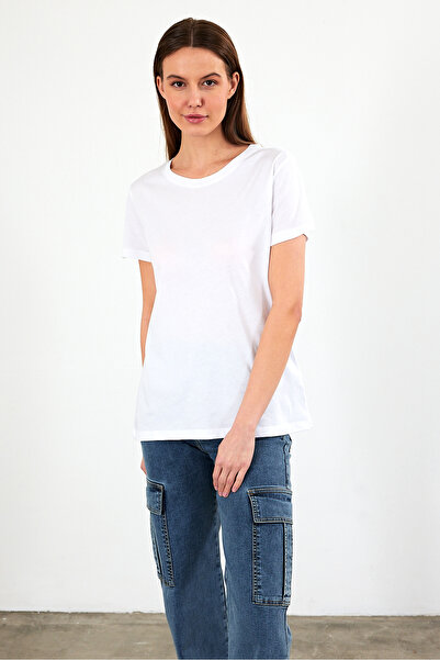 VENA Γυναικείο μπλουζάκι Boyfriend με λευκό λαιμόκοψη με κανονική εφαρμογή Modal (Lyocell)