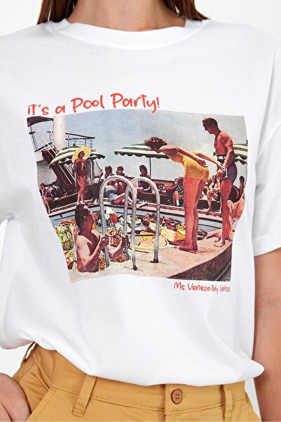 VENA Μπλουζάκι με στάμπα για πάρτι στην πισίνα-Λευκό