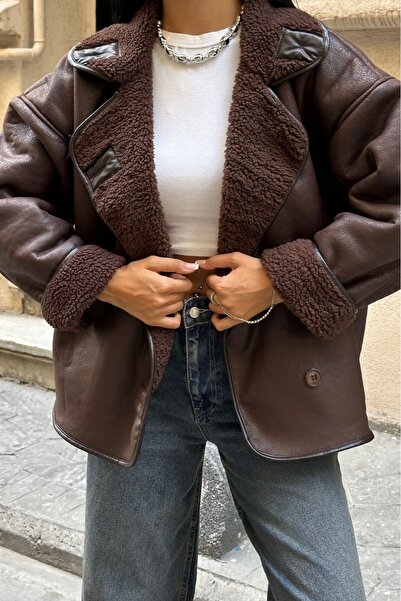 moda armanc Else Acı Kahve Dokulu Süet Içi Peluşlu Oversize Zr Model Mont