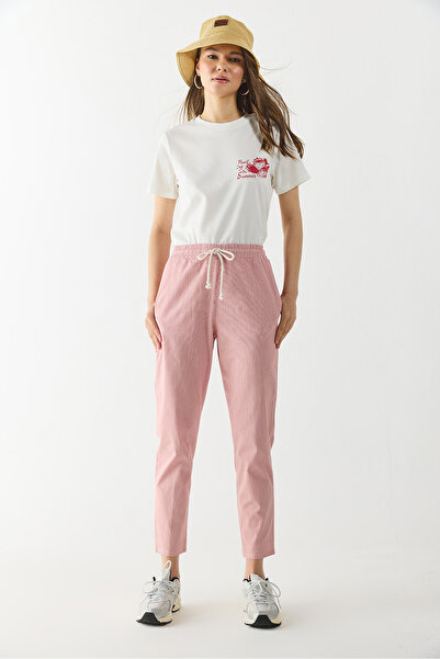 VENA Alian Waist Elastic Striped Gabardine Trousers - Red Striped