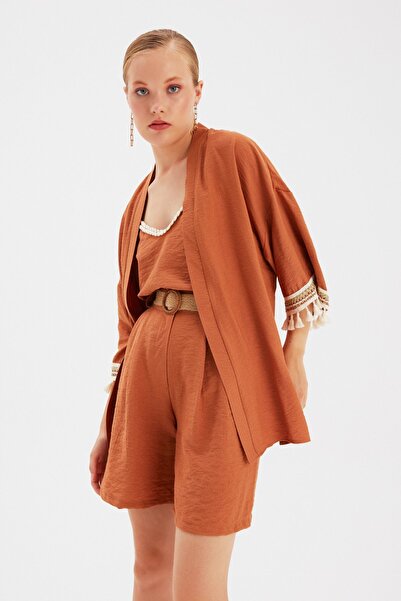 Sateen Kimono casual din in bronz - Detaliat cu maneci