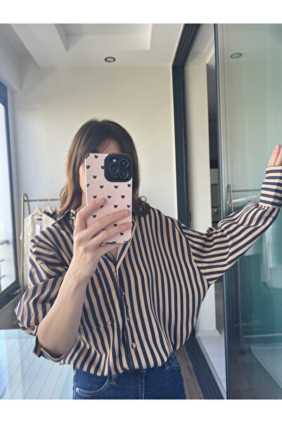 Butik Lacivert- Camel Çizgili Oversize Kadın Gömlek