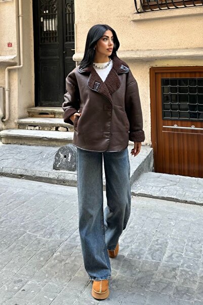 moda armanc Else Acı Kahve Dokulu Süet Içi Peluşlu Oversize Zr Model Mont
