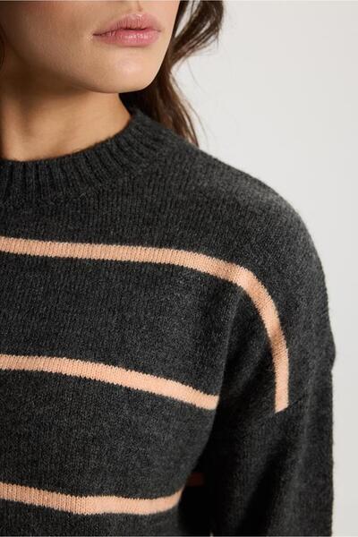 VENA Anita Bisiklet Yaka Triko Kazak-Antrasit - Turuncu Çizgili