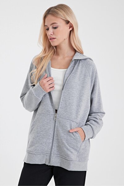 VENA Grace Hooded Zippered Regular Fit Basic Sweatshirt-Grey Melange