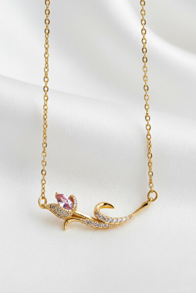 özgül takı ve tasarım Paslanmaz Çelik Altın Sarısı Zirkon Taşlı Lale Desenli ...