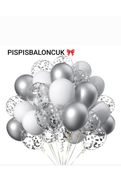 PISPISBALONCUK 50’li -Beyaz- Şeffaf- Metalik Gri-Balon Seti – Parti Süsleme B...