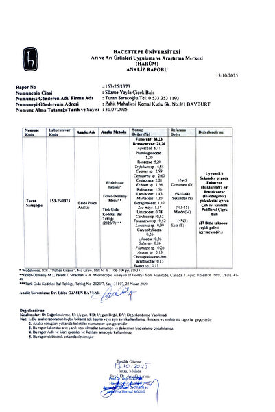 saracoğulları SAFKOVAN 850g Yeni Sezon Yüksek Rakım Şekersiz Poliflora Çiçek Balı 770 Prolin
