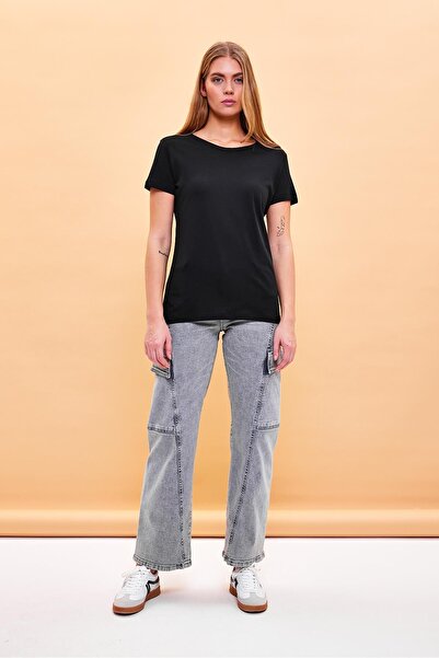 VENA Γυναικείο μπλουζάκι Boyfriend με μαύρο λαιμόκοψη με κανονική εφαρμογή Modal (Lyocell)