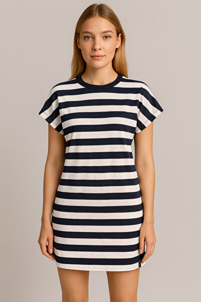 VENA Πλεκτό φόρεμα με ριγέ ριγέ Jessy Crew Neck Regular Fit-ΣΚΟΥΡΟ ΜΠΛΕ-ΛΕΥΚΟ