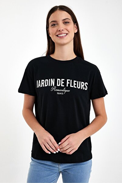 VENA Μπλουζάκι με λαιμόκοψη Jardin με στάμπα-Μαύρο