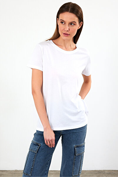 VENA Γυναικείο μπλουζάκι Boyfriend με λευκό λαιμόκοψη με κανονική εφαρμογή Modal (Lyocell)