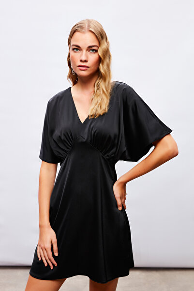 Sateen Yarasa Kol Mini Elbise - SİYAH