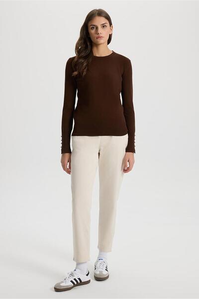 VENA Mona Bisiklet Yaka Kolu Düğmeli Triko Kazak-Kahve