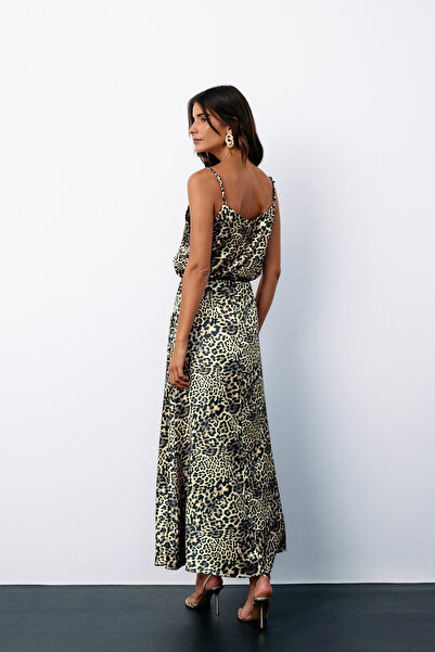 Sateen Askılı Leopar Desenli Saten Bluz - GRİ