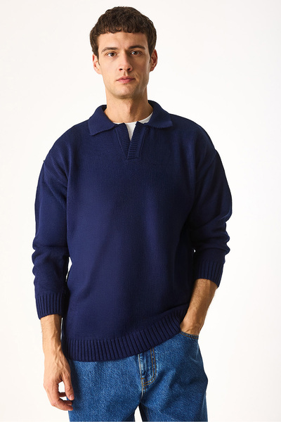 VENA Πλεκτό πουλόβερ με κολάρο κανονικής εφαρμογής-Μπλε ναυτικό
