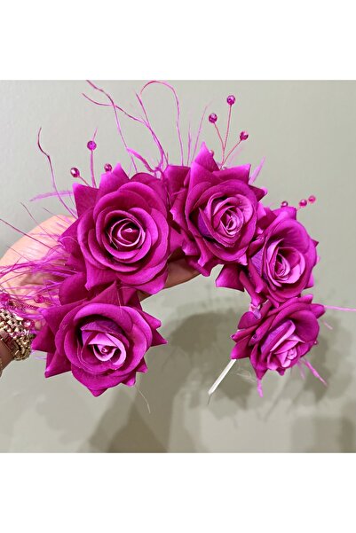 DesaAccessories Fuşya Pembe Kristal Taş Işlemeli Gül Ve Tüy Detay Kına, Nişan...