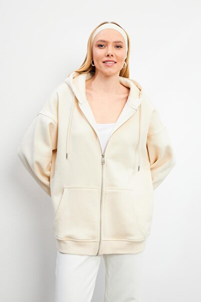 VENA Sallina Hooded Zippered Oversize Sweatshirt-Bone