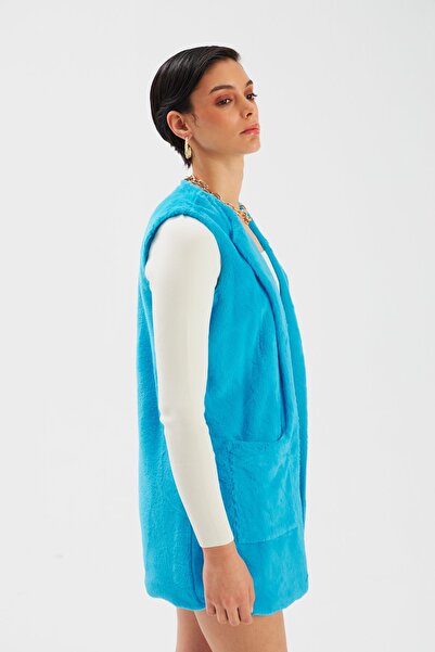 Sateen Cep Detaylı Peluş Yelek - Mavi