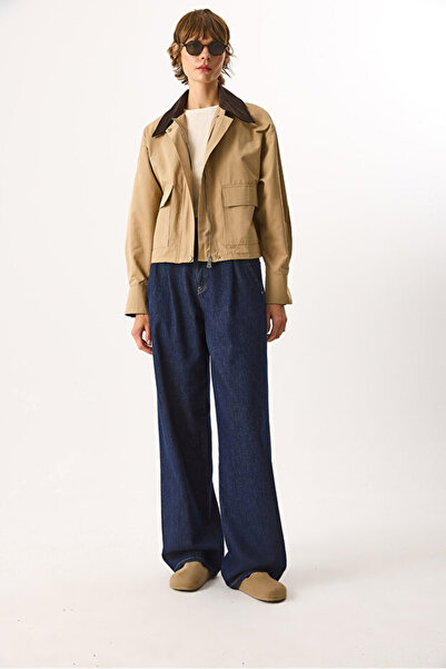 VENA Women's Velvet-Collared Regular Fit Gabardine Jacket - Beige