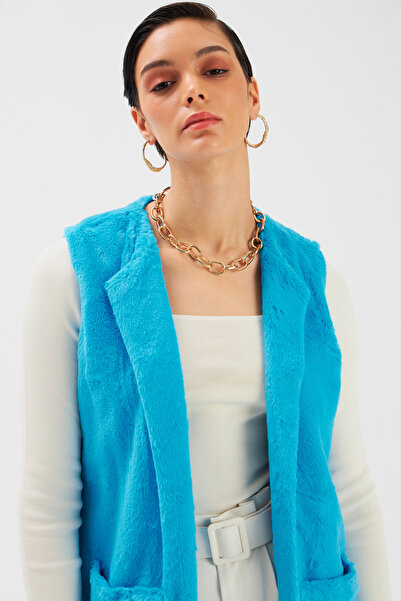 Sateen Cep Detaylı Peluş Yelek - Mavi