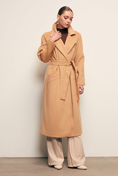 Sateen Palton lung cu curea - Camel