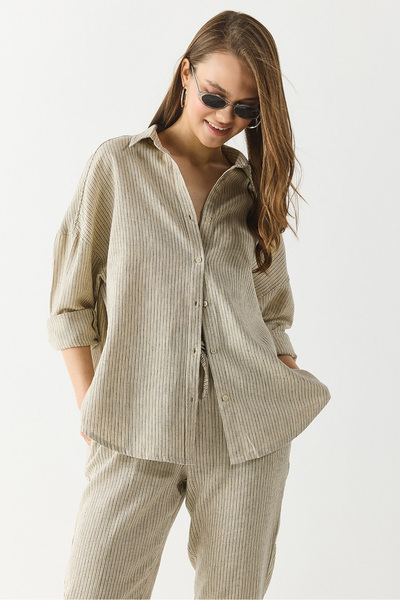 VENA Women's Alina Thin Striped Linen Shirt - Navy Blue Striped