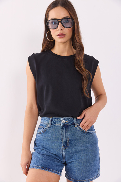 VENA Crew Neck Sleeveless Cotton T-Shirt - Black