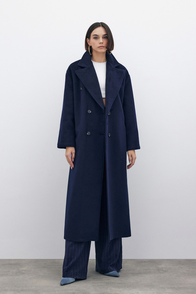 Sateen Kruvaze Uzun Kaban - LACİVERT